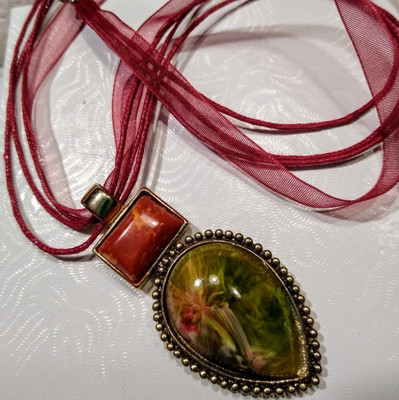 Roman Unakite Stone Pendant on Organza Ribbon Cord - Picture 4 of 8